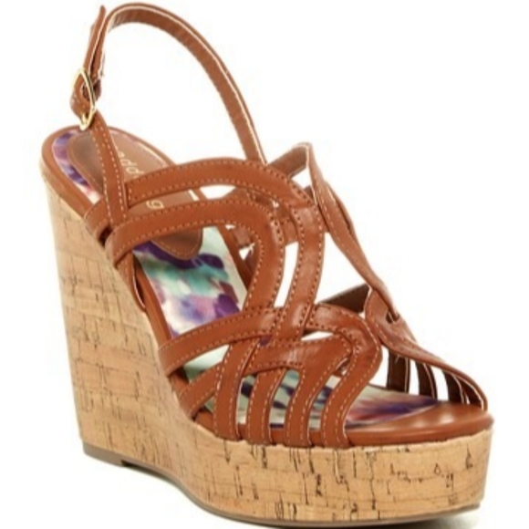 Madden Girl Brown Cognac Cork-heel Wedges - Picture 2 of 5